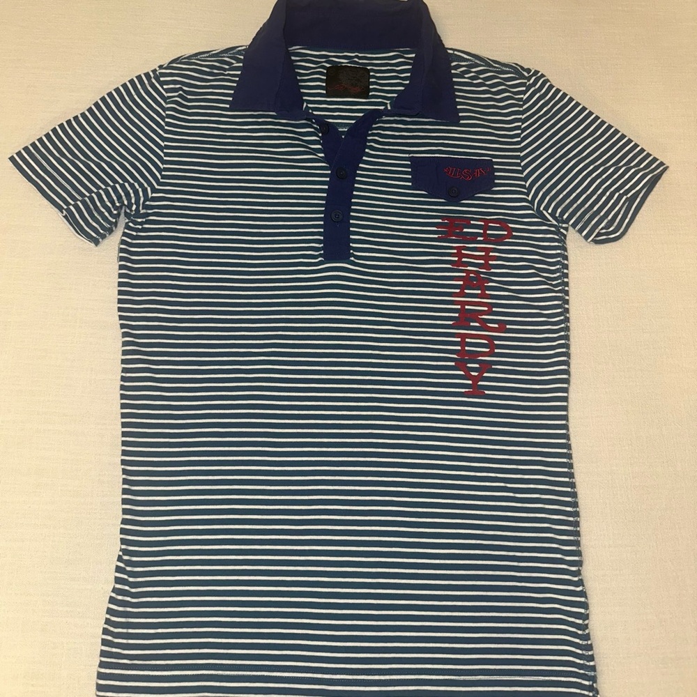 Ed Hardy Navy and White Striped Polo